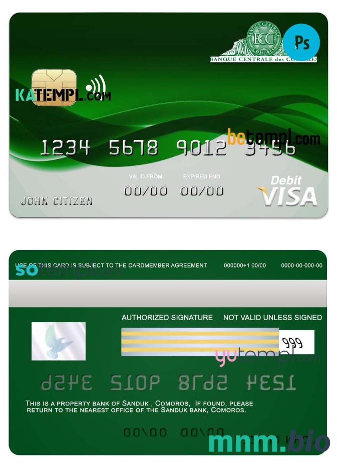 Comoros Sanduk bank visa credit szablon karty in PSD format, w pełni edytowalne
